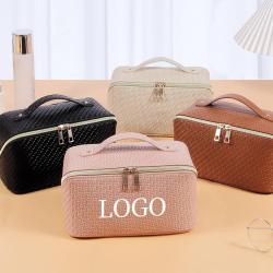 Custom Design Luxury PU Leather Women Portable Travel Makeup Bag With Handle Flat Lay Makeup Organizer Cosmetic Bags