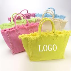 6 Colors DIY Logo Large Capacity Fashion Summer Tassel Beach Travel Bags Canvas Cotton Pure Plain Canvas Fringe Beach Tote Bag