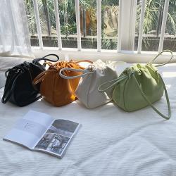Korean Summer Women New Macaron Color Shoulder Bag Fashion PU Leather Handbag Soft Side Drawstring Pleated Small Square Bag