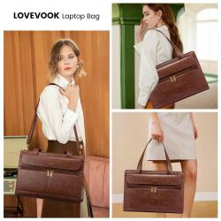 LOVEVOOK 15.6 in Vintage Leather Computer Bag Briefcase Office Business Handbag for Women Work Tote Laptop Bag with Clutch Purse