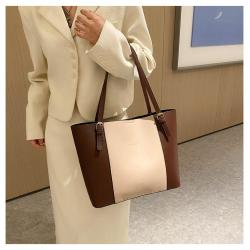 ZR539 Women's Bag PU Contrasting Color Retro Stitching Fashion Working Portable One Shoulder Female Girl Tote Bag Shopping Bag