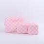 Customized Logo Design Embroidery Pink Makeup Bags Waterproof Nylon Zipper Pouch Letter Sewn On Checkered Printed Cosmetic Bag