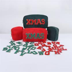 Keymay Christmas Gift Personalized Chenille Letter Nylon Cosmetic Pouch Travel Organizer Toiletry Bag Waterproof Makeup Bags