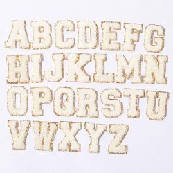 Stock New White Chenille with Glitter Border Vowel AEIOU Applique Patch for Clothes Bags Embroidery Patches with Adhesive