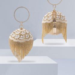 New sphere shaped bag ladies party wedding bag tassel round purse gold evening bags handbag rhinestone purse for ladies