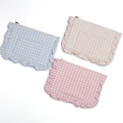 Cute Ruffled Spring Cute Girls Ladies Women Polyester Gingham Bag Ruffles Makeup Pouch Bag Travel Cosmetic Zipper Flat Pouch