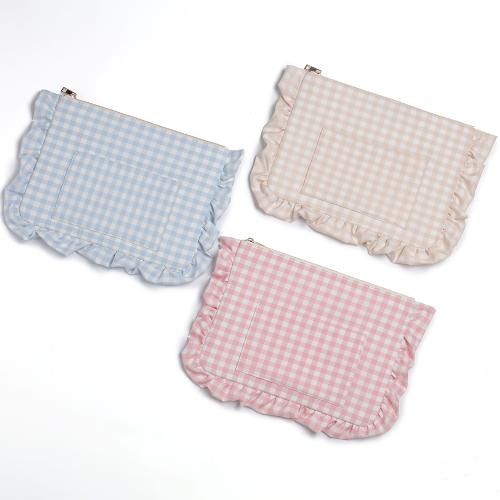 Cute Ruffled Spring Cute Girls Ladies Women Polyester Gingham Bag Ruffles Makeup Pouch Bag Travel Cosmetic Zipper Flat Pouch
