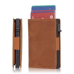 Custom Genuine Leather Pop up Card Holder Aluminum Wallet Crazy Horse Leather Metal Card Holder