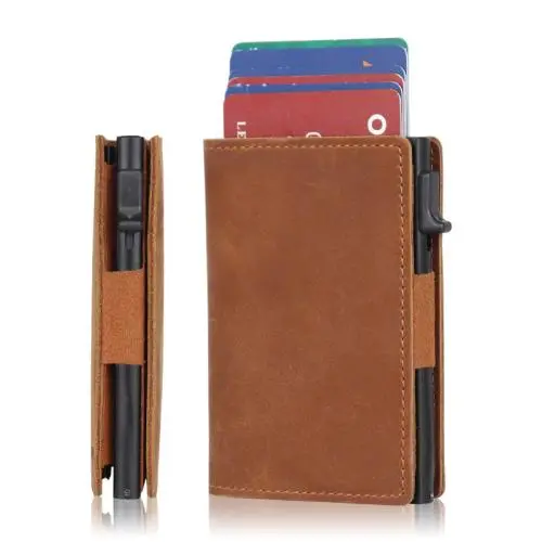 Custom Genuine Leather Pop up Card Holder Aluminum Wallet Crazy Horse Leather Metal Card Holder