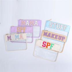 Keymay Custom Letter Clear Toiletry Bag Transparent Nylon Zipper Pouch Chenille Letter Patches Makeup Bag PVC Cosmetic Bag