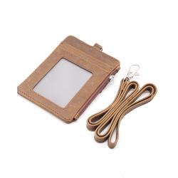 Badge Holder With Zip Vertical Style PU Leather ID Badge Holder with ID Window & Credit Card Pocket & Leather Neck Lanyard Strap
