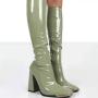 Western Popular Style Patent Leather Upper Women Square Toe Knee High Boots Side Zipper Chunky High Heel Boots For Women