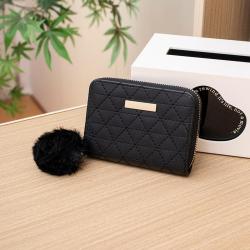 Women's Coin Purse 2024 New Diamond Embroidery Pu Leather with Fur Ball Women's Wallet Small Card Case Casual Small Bag