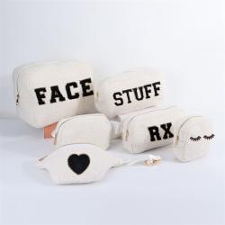 Keymay RTS Personalized Embroidery Chenille Letter Patches Winter Girls Plush Cosmetic Bag Sherpa Makeup Bag Teddy Pouch