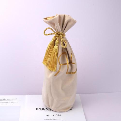 Custom Logo Printed Bottom Wine Packaging Velvet Pouch Luxury Velvet Satin Lining Gift Wine Bag With Tassels