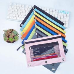 Pencil Pouch Case 3 Rings Binder Double Zipper File Stationery Bag Oxford Cloth Dual Pocket Mesh Window Pencil Bag Multicolor