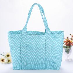 Stock Super Large Tote Shoulder Bag for Gym Beach Travel Daily Turquoise Chevron Pattern Wholesale Cotton Canvas Bag Shopping