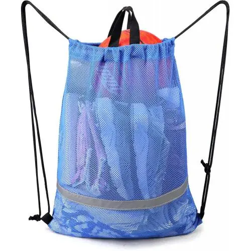 Gelory Wholesale Reusable Custom Eco Friendly Nylon Reflective Football Kickboard Mesh Drawstring Backpack Bags With Zipper Pocket