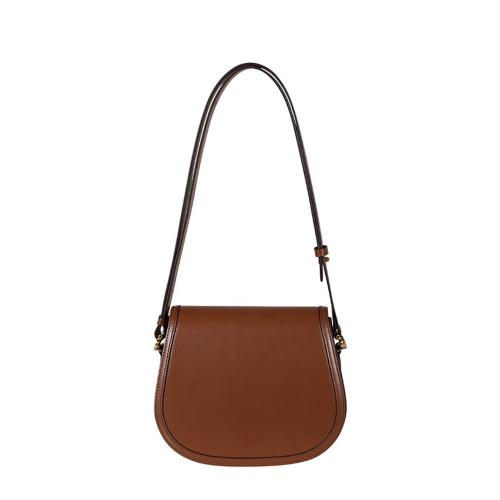 2024 Custom Brown Smooth Pu Leather Ladies Cross Body Purse Bag Round Saddle Flap Small Women Shoulder Bag
