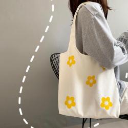 Women's Canvas Bag Reusable Shoulder Schoolbag with Cartoon Flowers Custom Logo Shopping Tote Bag