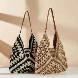 Grass woven hollow flower large triangle contrasting woven beach bag