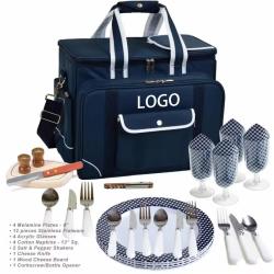 Custom 4 Person Family Outdoor Camping Bag Cooler Compartment with Detachable Bottle Wine Holder Picnic Set BBQ Tote Bag
