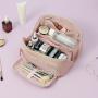 Private Label Portable PU Leather Makeup Bag Toiletry Organizer Make Up Pouch Flat Lay Opening Cosmetic Bag