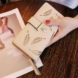 New Korean Women's Long Zipper Buckle Wallet Fashion Handbag with Hollow Leaf Design Waterproof and Open Closure Type