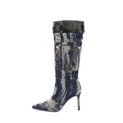 Bottes Femme Ladies Autumn Winter Wellington Boots Pointy Toe Stiletto Heels Stylish Long Boots Women Denim Knee High Boots