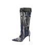 Bottes Femme Ladies Autumn Winter Wellington Boots Pointy Toe Stiletto Heels Stylish Long Boots Women Denim Knee High Boots
