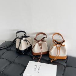 New Designer Women's Simple Drawstring Pleated Shoulder Bag Fashion Crossbody Bag Personality Splicing Canvas Bucket Handbag