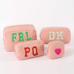 Keymay Women Personalized Travel Cosmetic Bag Terry Cloth Plush Bag Sherpa Makeup Bag Travel Teddy Pouch
