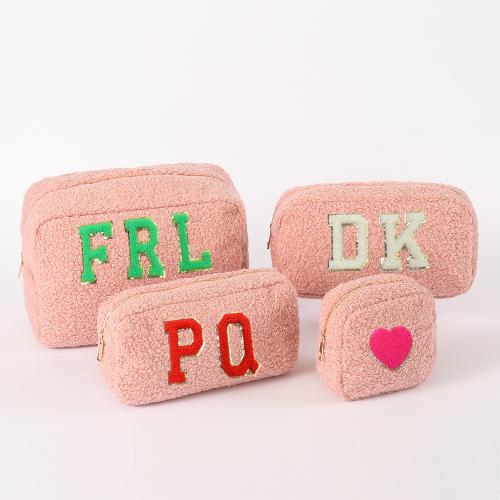 Keymay Women Personalized Travel Cosmetic Bag Terry Cloth Plush Bag Sherpa Makeup Bag Travel Teddy Pouch