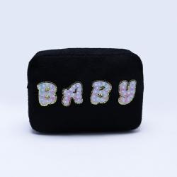 Keymay DIY GLAM STUFF MAMA SNACKS Embroidery Chenille Letter Patches Teddy Make Up Pouch Makeup Storage Bag Cosmetic Travel Bag