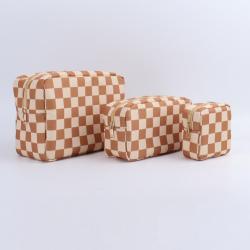 Keymay Custom Low MOQ Tan Pink Blue Cosmetic Case Waterproof All Over Printing Storage Bag For Women checkered Makeup Bag
