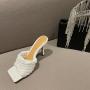 Summer Fashion Women Woven Rattan Flat Slippers Ladies Square Toe Pu Leather Slip On Slide Sandals