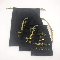 Custom Gold Logo Black Jewelry Drawstring Dust Velvet Bag Super Soft Velvet Gift Cosmetic Pouch