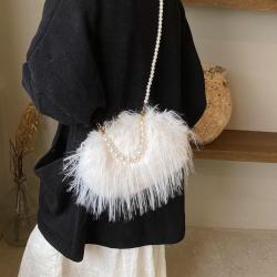 Fluffy Turkey feather party clutch elegant fur bags Ostrich Feather Pearl Women Evening Handbags 2024