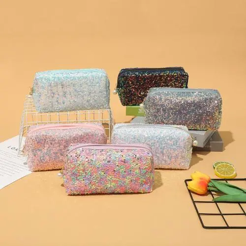 Small Luxury Private Label Fancy Pvc Confetti Glitter Canvas Tote Makeup Case Travel Cosmetic Bags For Woman