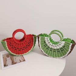 2024 Watermelons Shape Hand Weave Large Capacity Handbag Straw Beach Tote Hand Bag Fruit Shape Woven Basket Bag