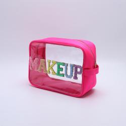 Keymay Stock S M L XL 4 Size Hot Pink Nylon Storage Bag DIY Patches Makeup Bag Zipper Waterproof Portable Clear Vanity Case