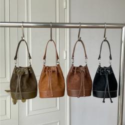 Faux suede Joining PU Bucket bag 2023 autumn casual Drawstring Ruffles cylinder Small crossbody bag for women
