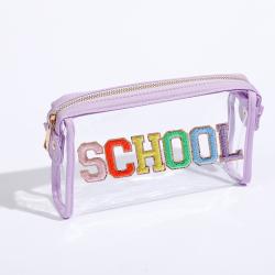 Keymay RTS Personalized Chenille Letter Patches Waterproof Clear Pencil Pouch Makeup Cosmetic Bag Portable Travel Cosmetic Bag