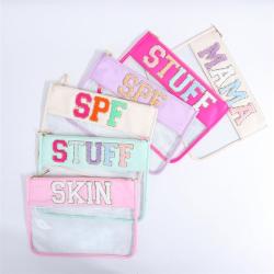 Keymay RTS Fast Shipping 19 Colors Personalized Chenille Letter Patches Travel Pouches Waterproof Cosmetic Bag Clear Makeup Bag