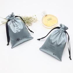 Custom Logo Printed Luxury Gray Satin Pouch Eco-Friendly Drawstring Gift Bag Hair Silk Jewelry Perfume-Customizable Cosmetic