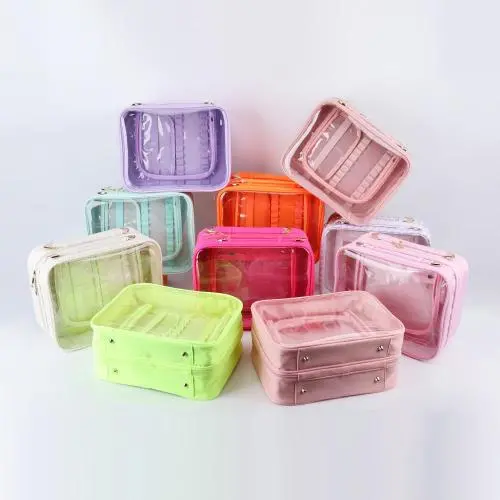Custom Logo Design Travel Makeup Bags Waterproof 2 Layers Compartment Make Up Wash Bag Clear Cosmetic Toiletry Bag