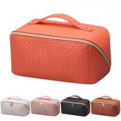 Factory wholesale Square grid woven tone retro makeup bag PU leather large capacity multi function Cosmetic bag makeup bag