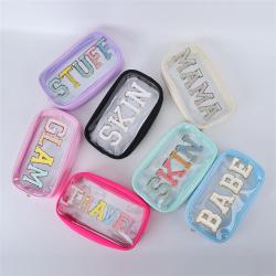 Keymay Personalized Gift Chenille Letter Patches Waterproof Clear Pvc Makeup Pouch Bag Cosmetic Travel Toiletry Bag Travel Bag