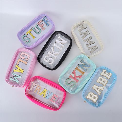 Keymay Personalized Gift Chenille Letter Patches Waterproof Clear Pvc Makeup Pouch Bag Cosmetic Travel Toiletry Bag Travel Bag