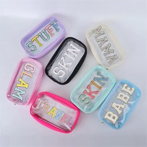 Keymay Personalized Gift Chenille Letter Patches Waterproof Clear Pvc Makeup Pouch Bag Cosmetic Travel Toiletry Bag Travel Bag